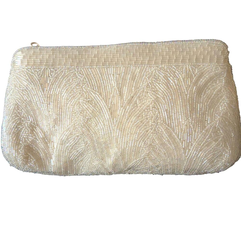 Vintage La‎ Regal White Iridescent Glass Beaded Evening Clutch Zip Top Closure